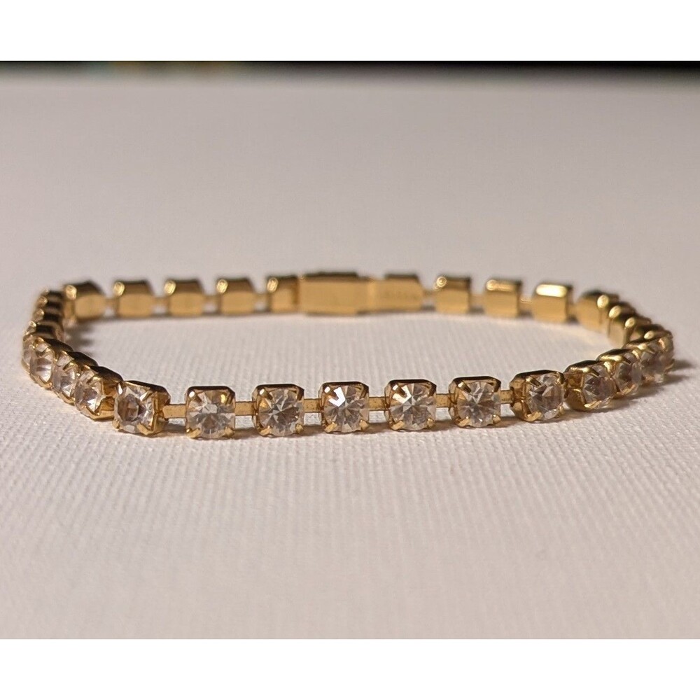 Vtg Monet Tennis Rhinestone Bracelet Gold Tone 7" Costume Jewelry